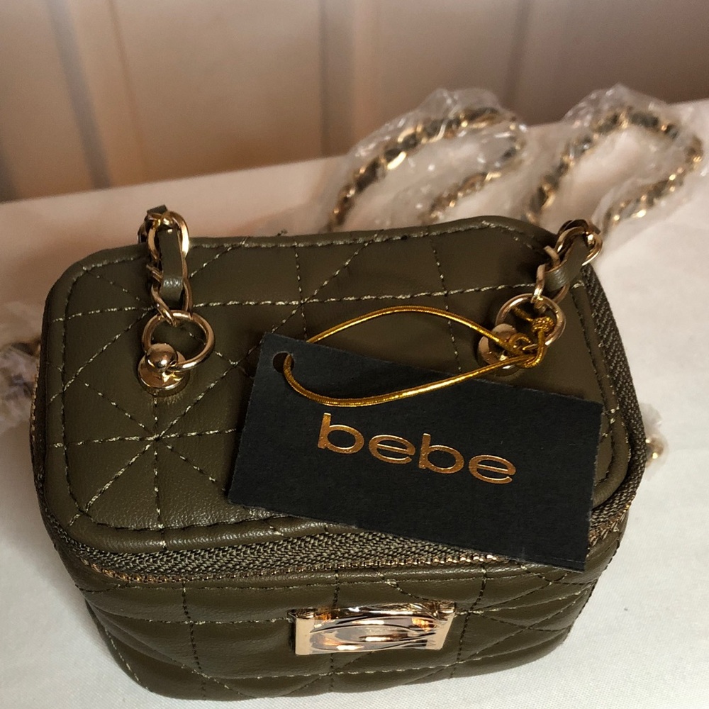 Bebe Olive Quilted Stitch Crossbody Bag with Gold Accents